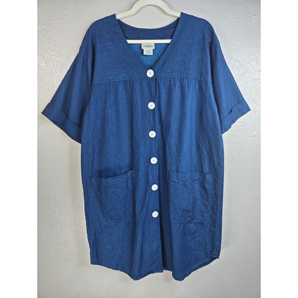 Vermont Country Store Button Pocket Dress M Blue Denim Chambray Cotton Lagenlook